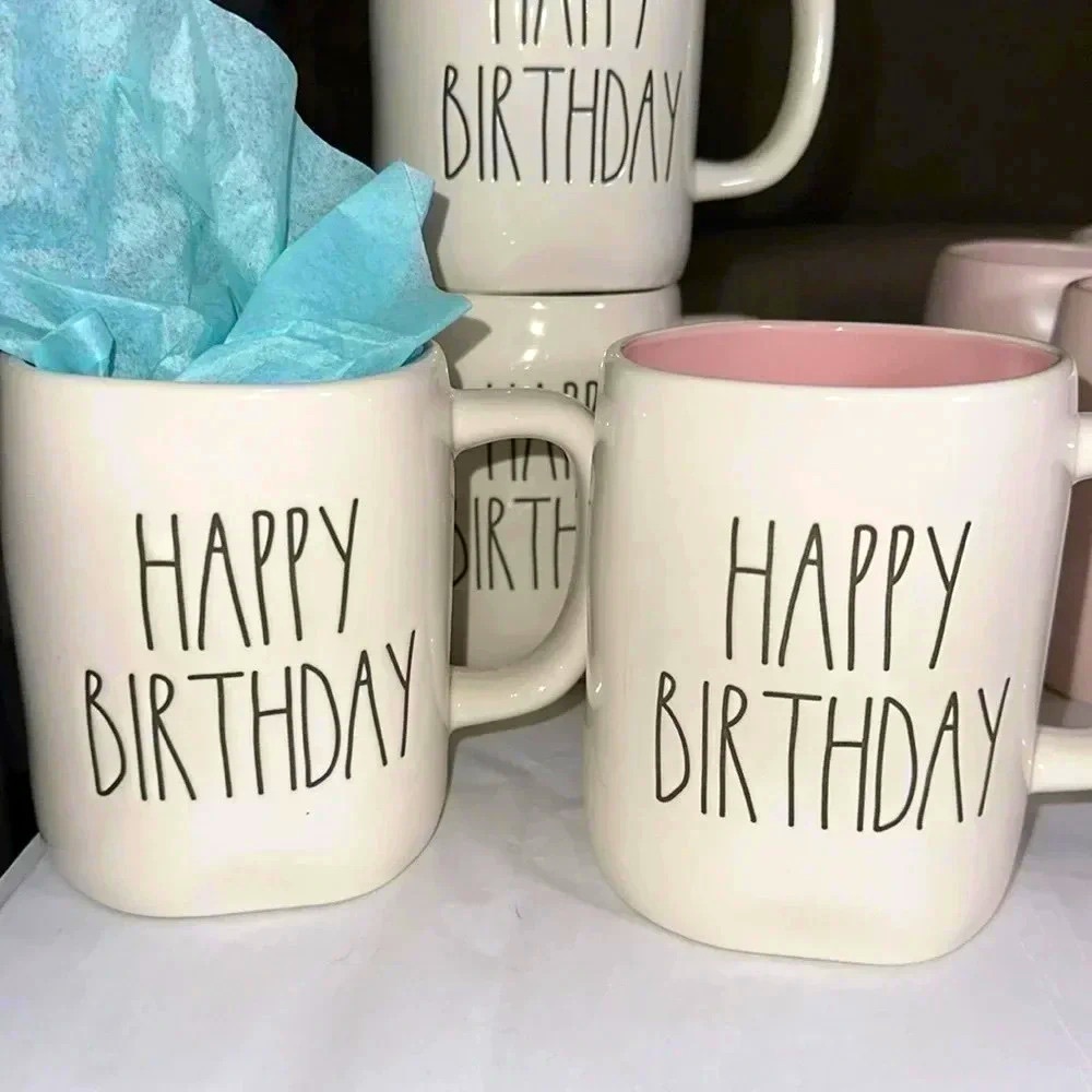 [SALE-Firm] NWT Rae Dunn HAPPY BIRTHDAY ceramic coffee/tea mug/cup pink interior